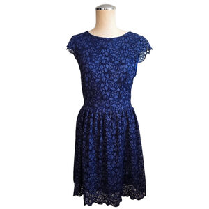 Talula Lace Fit & Flare Dress Navy Blue Cap Sleeve XS